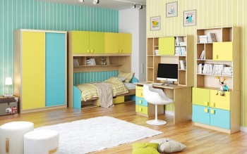 Детская комната Смайли (Желтый/Голубой/Зеленый/корпус Клен) в Алдане - aldan.mebel54.com | фото