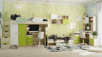Детская комната Твит (Белый/Зеленый/корпус Клен) в Алдане - aldan.mebel54.com | фото