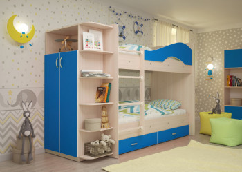 Кровать Мая двухъярусная с ящиками и шкафом Млечный дуб/Голубой в Алдане - aldan.mebel54.com | фото