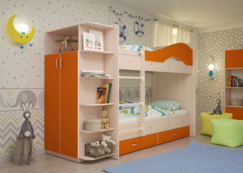 Кровать Мая двухъярусная с ящиками и шкафом Млечный дуб/Оранжевый в Алдане - aldan.mebel54.com | фото
