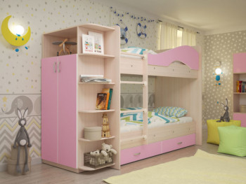 Кровать Мая двухъярусная с ящиками и шкафом Млечный дуб/Розовый в Алдане - aldan.mebel54.com | фото