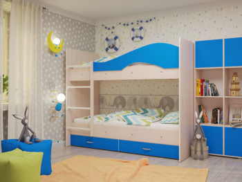 Кровать Мая двухъярусная с ящикамиМлечный дуб/Голубой в Алдане - aldan.mebel54.com | фото
