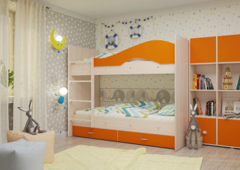 Кровать Мая двухъярусная с ящикамиМлечный дуб/Оранжевый в Алдане - aldan.mebel54.com | фото