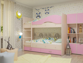 Кровать Мая двухъярусная с ящикамиМлечный дуб/Розовый в Алдане - aldan.mebel54.com | фото