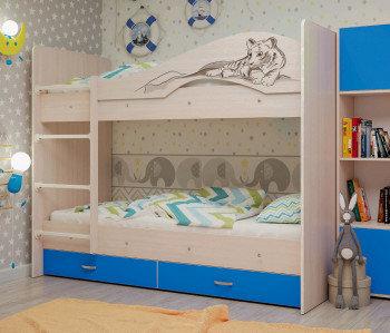 Кровать Мая-Сафари двухъярусная с ящикамиМлечный дуб/Голубой в Алдане - aldan.mebel54.com | фото