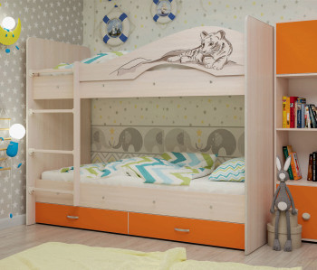 Кровать Мая-Сафари двухъярусная с ящикамиМлечный дуб/Оранжевый в Алдане - aldan.mebel54.com | фото