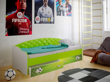 Кровать Софа-8 с мягкой спинкой фотопечать Футбол (900х1900) Белый/Лайм в Алдане - aldan.mebel54.com | фото